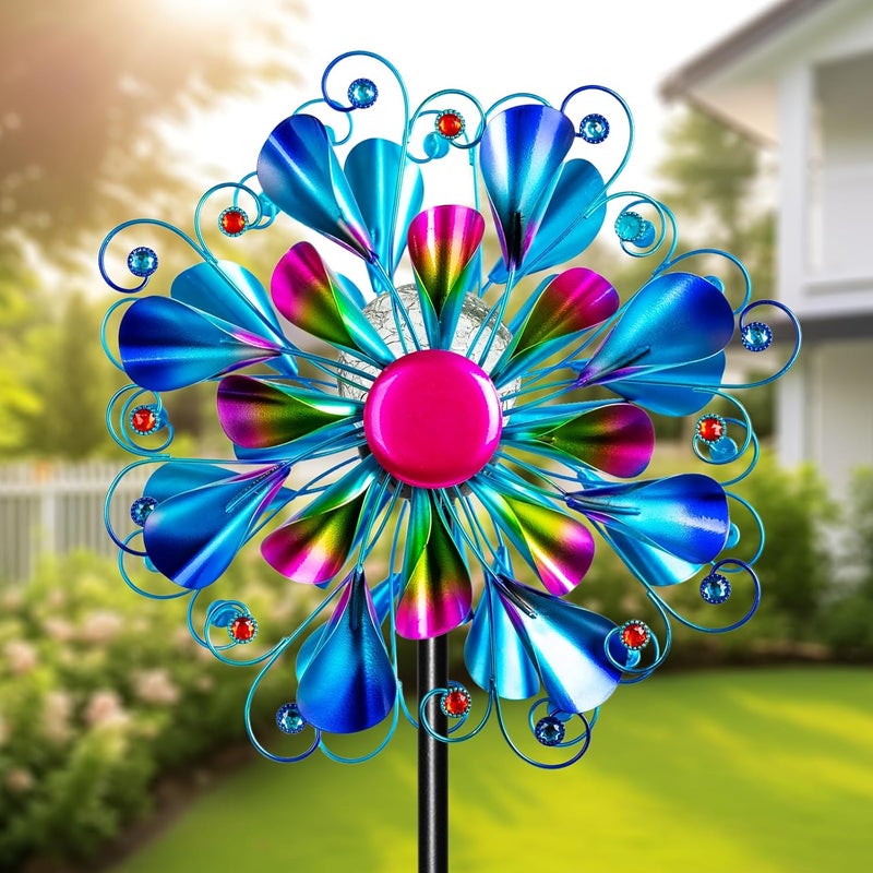 MXwcy 60'' Wind Spinner with Color Glass Ball Solar Lights, Blue Peacock Feathers Metal Garden Outdoor Decor Yard Lawn Art Decor for Patio Kinetic Windmills Unique Gifts for Friends and Family - Image 1